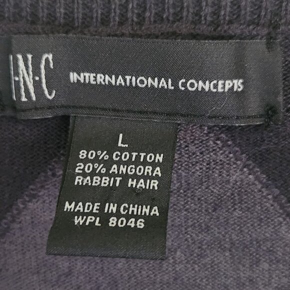 Inc International Concept Vintage Black Gray Argyle V Neck Sweater Size L - Picture 7 of 7